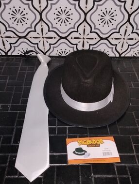 Black Fedora with White Satin Band & Matching White Tie For Fun Costume